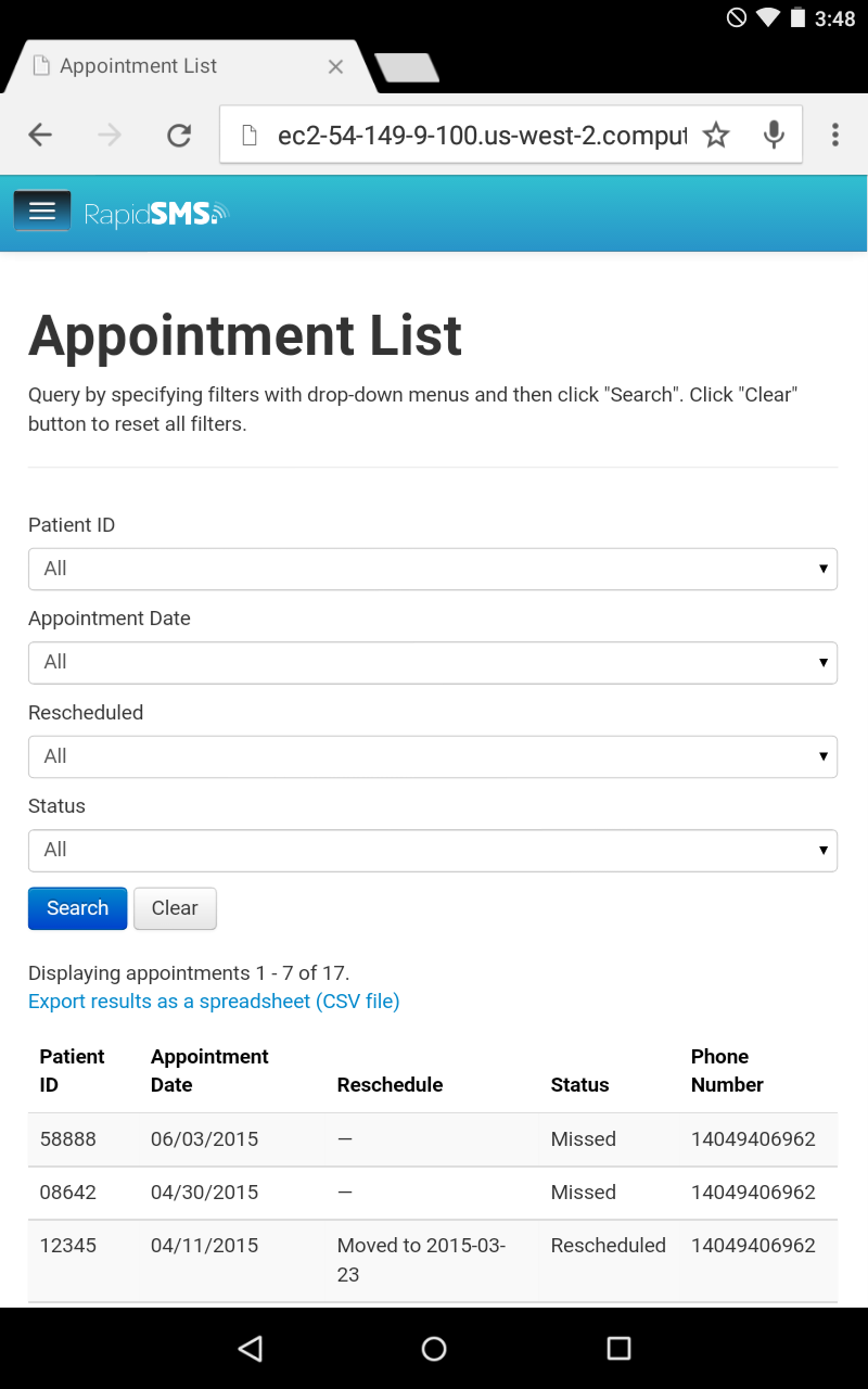 Final Mobile View UI for SMS Service - Appointment List