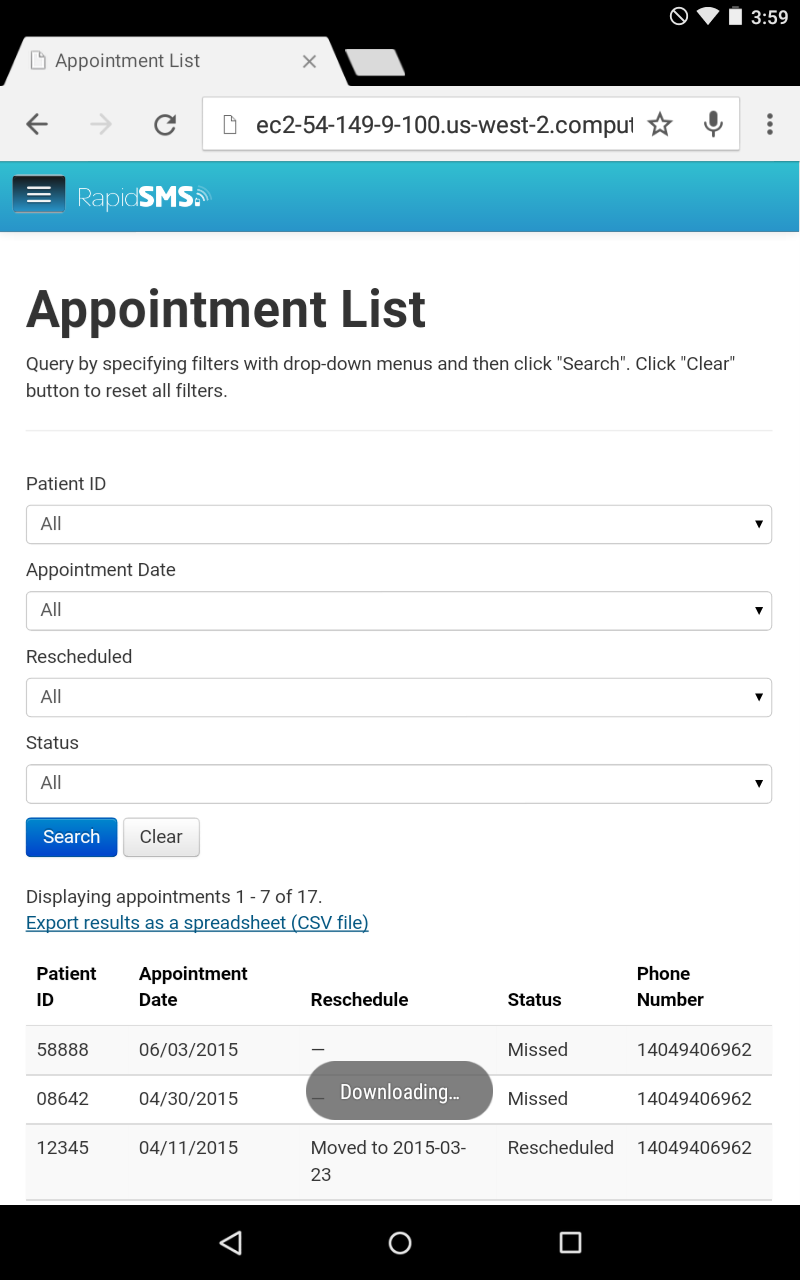 Export and download the filtered appointment list as CSV file