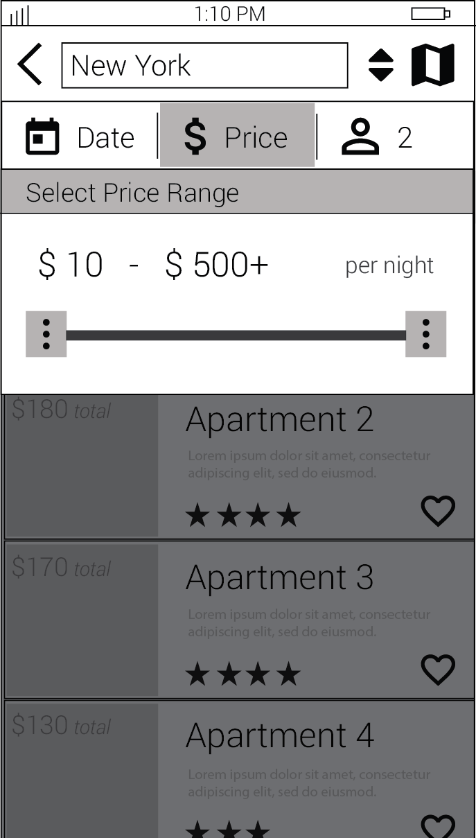Wireframe, Candidate List - Filter results by specifying Price range