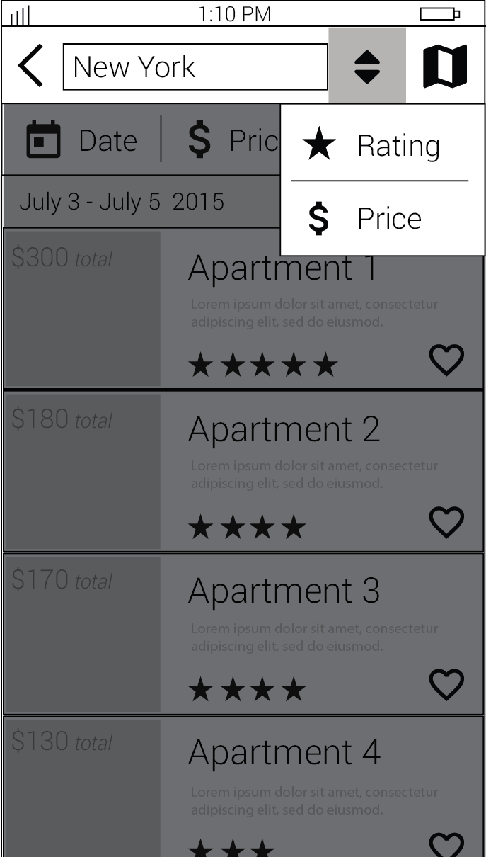 Wireframe, List sorted by - Rating or Price