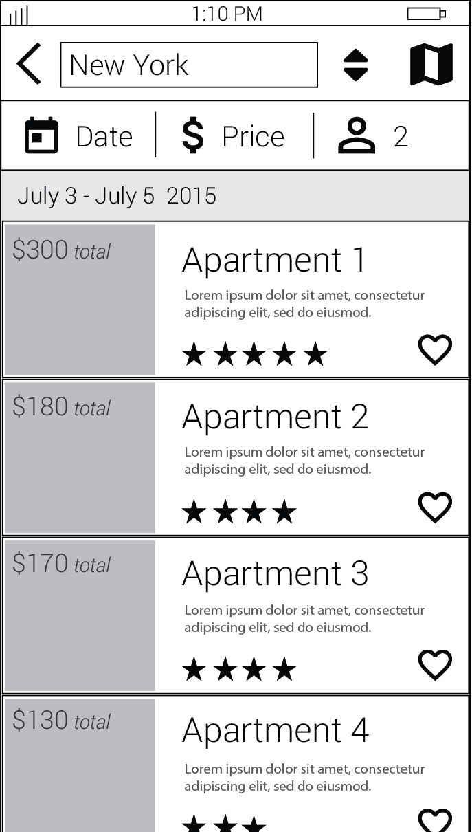 Wireframe, Candidate List - All apartment options