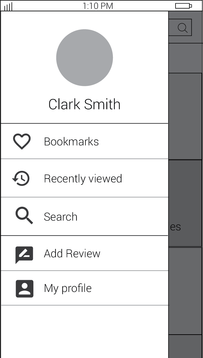 Wireframe, Menu drawer - Profile and bookmarks